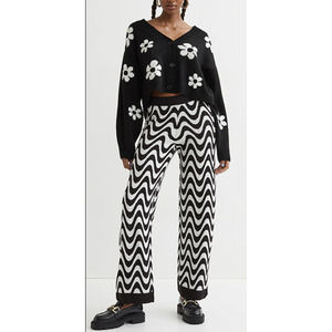 Women M H&M Divided Wide Leg Knit Pants White Black Swirl Pattern Elastic Waist
